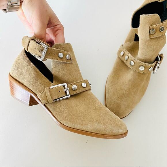 REBECCA MINKOFF Cream Beige Tan Cutout Buckle Stud Suede Ankle Boots Booties 6 - Picture 3 of 13